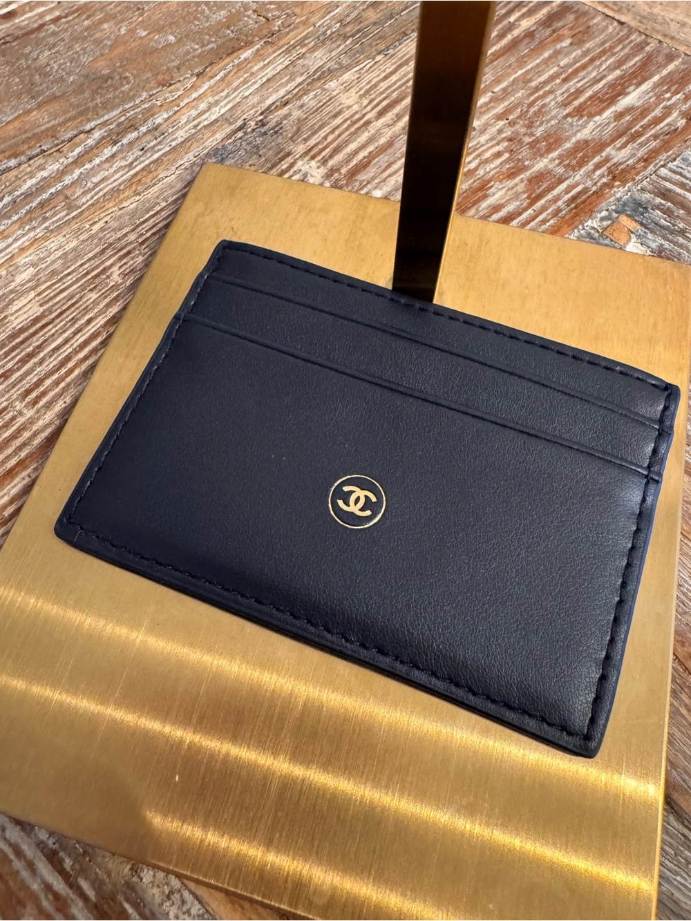 CHANEL Navy Card Holder with Gold CC